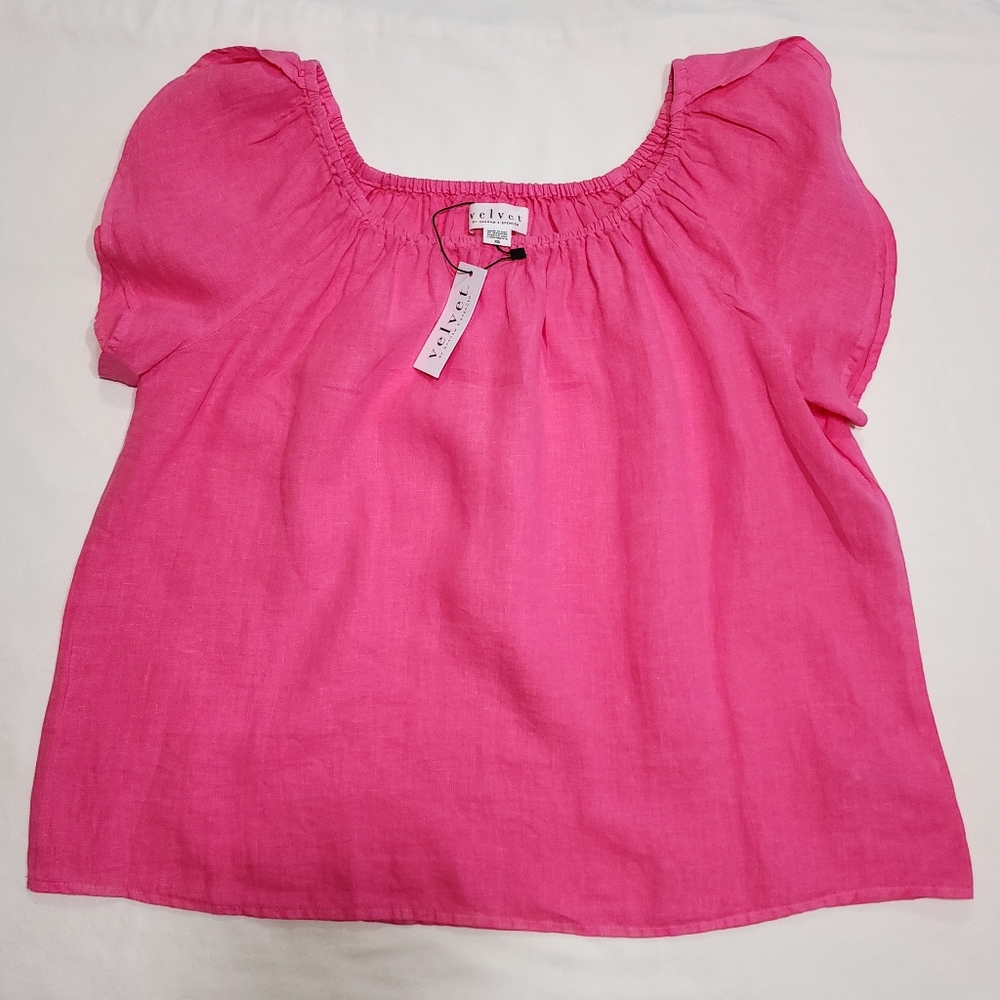 VELVET by GRAHAM AND SPENCER Linen S/S Loose Fit Blouse - Pink - XS